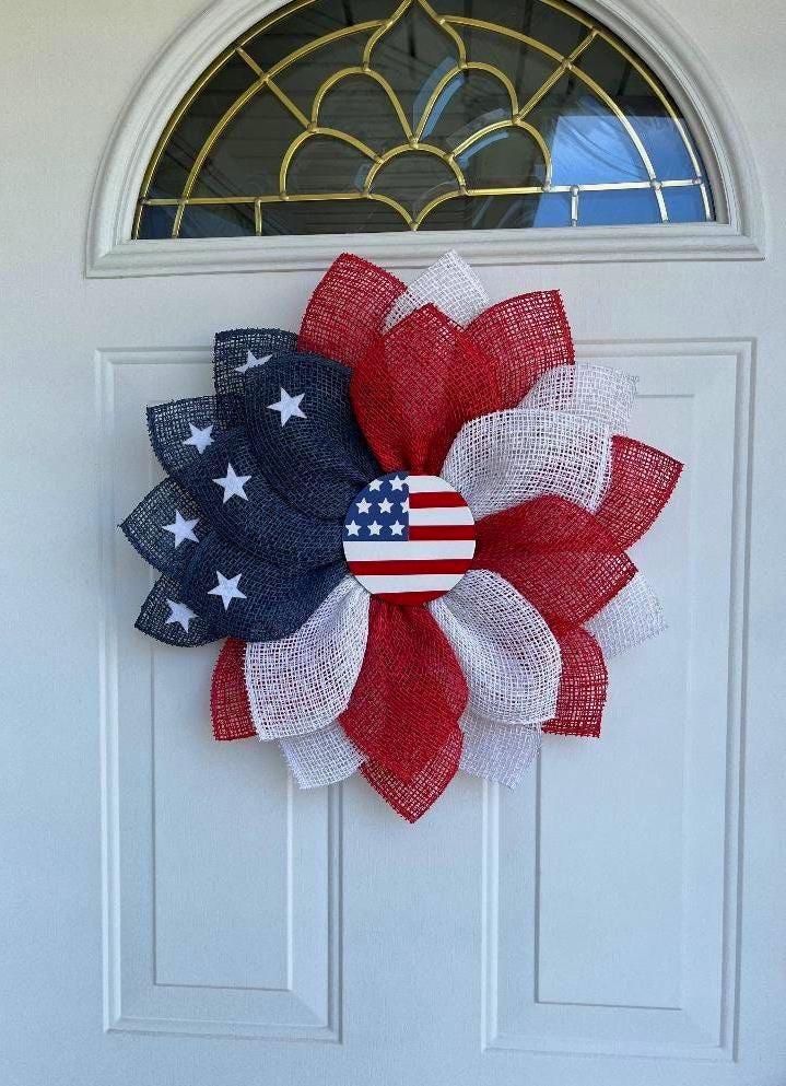 Handmade Patriotic American Flag Petal Wreath – 4th of July & Memorial Day Door Décor