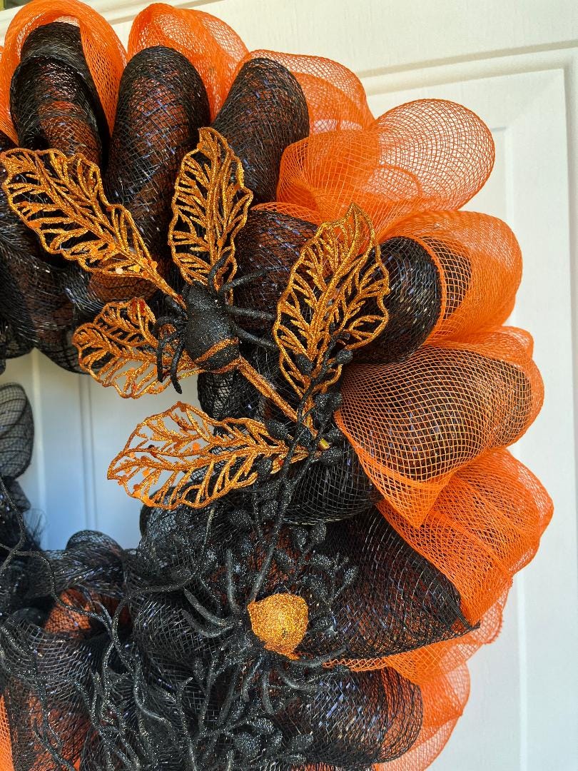 Large Handmade Halloween Deco Mesh Wreath – Orange & Black with Multicolor Bow, Front Door Decor