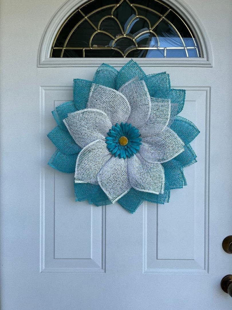 Handmade Turquoise Daisy Wreath – Poly Burlap Petal Flower Wreath for Front Door & Bedroom Décor