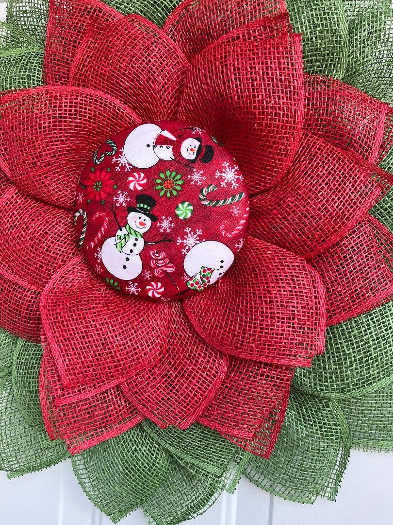 Large petal Christmas door wreath,  snowman decor, red and green