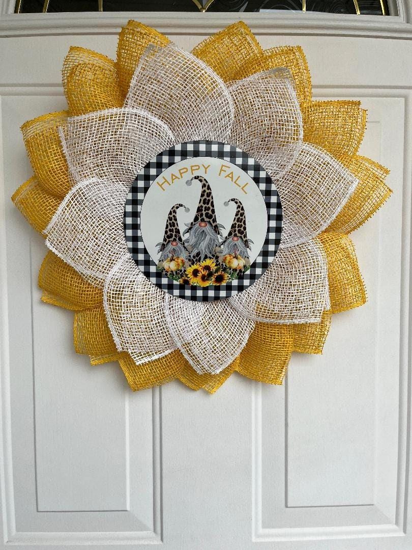 Fall Gnome Wreath | Yellow & White Burlap Petals | Autumn Door Decor