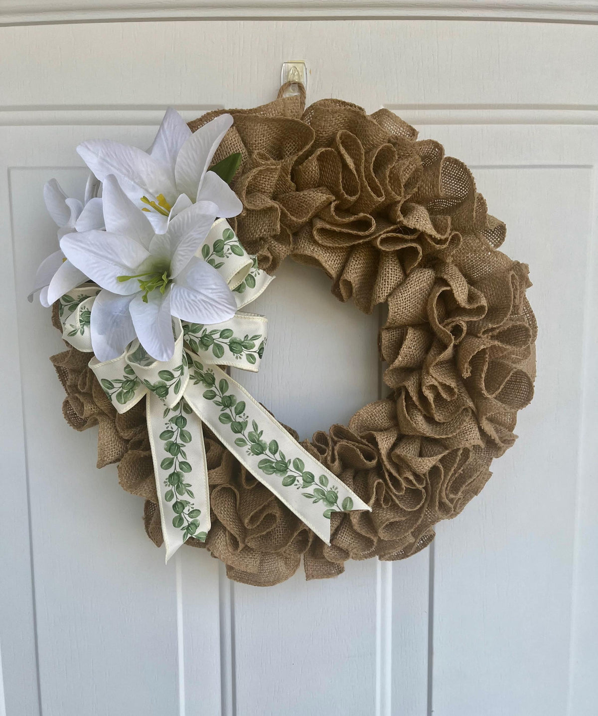 Ruffled Burlap Easter Wreath: White Lillies & Green Ribbon