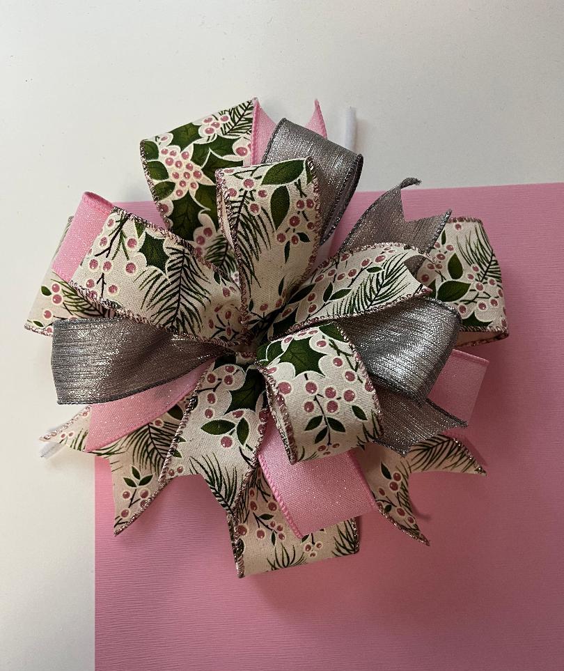 Handmade Pink & Silver Christmas Bow – Wreath, Lantern Topper & Gift Decoration
