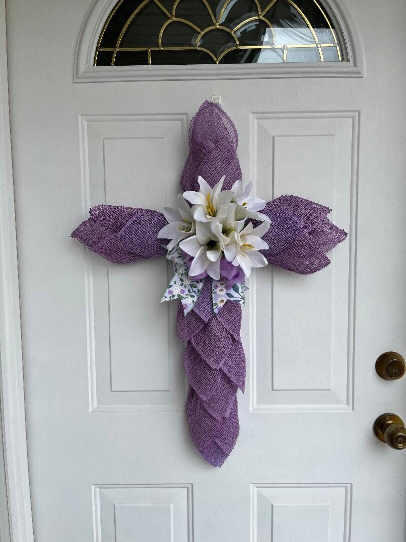 Handmade Easter Cross Wreath – Lavender Burlap, Silk Lilies & Religious Spring Décor