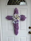 Handmade Easter Cross Wreath – Lavender Burlap, Silk Lilies & Religious Spring Décor