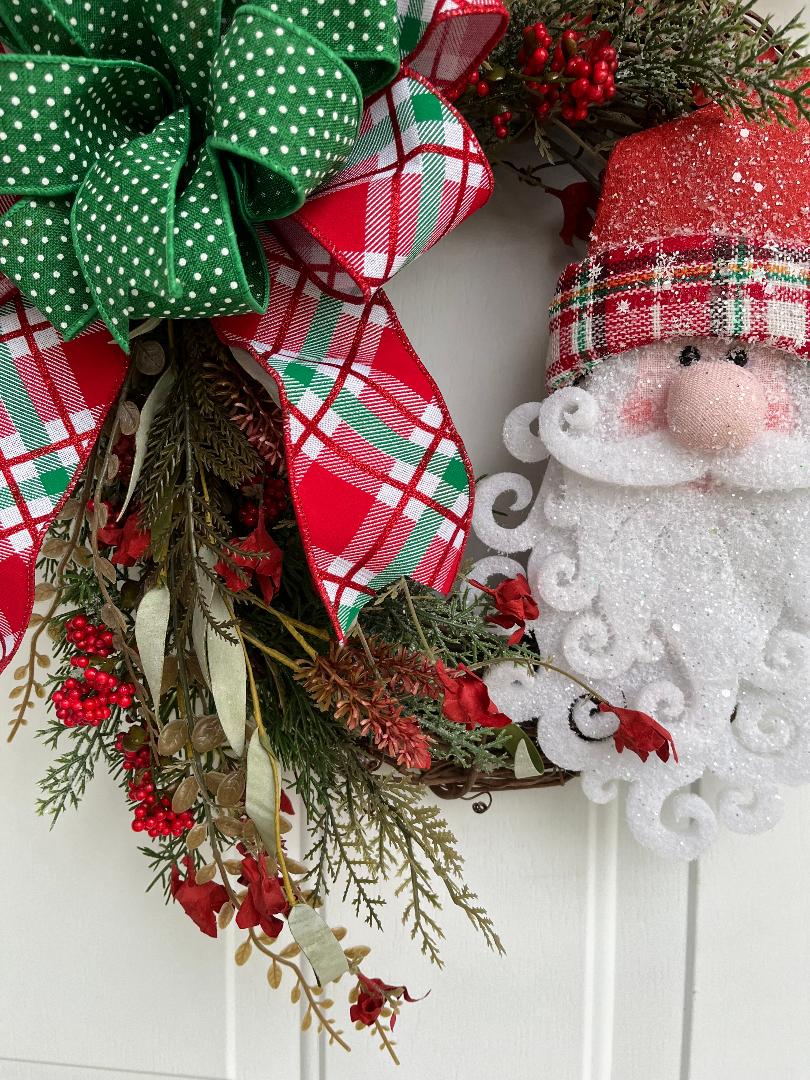 Handmade Santa Face Christmas Door Wreath – Faux Greenery, Holly Berries & Festive Bow