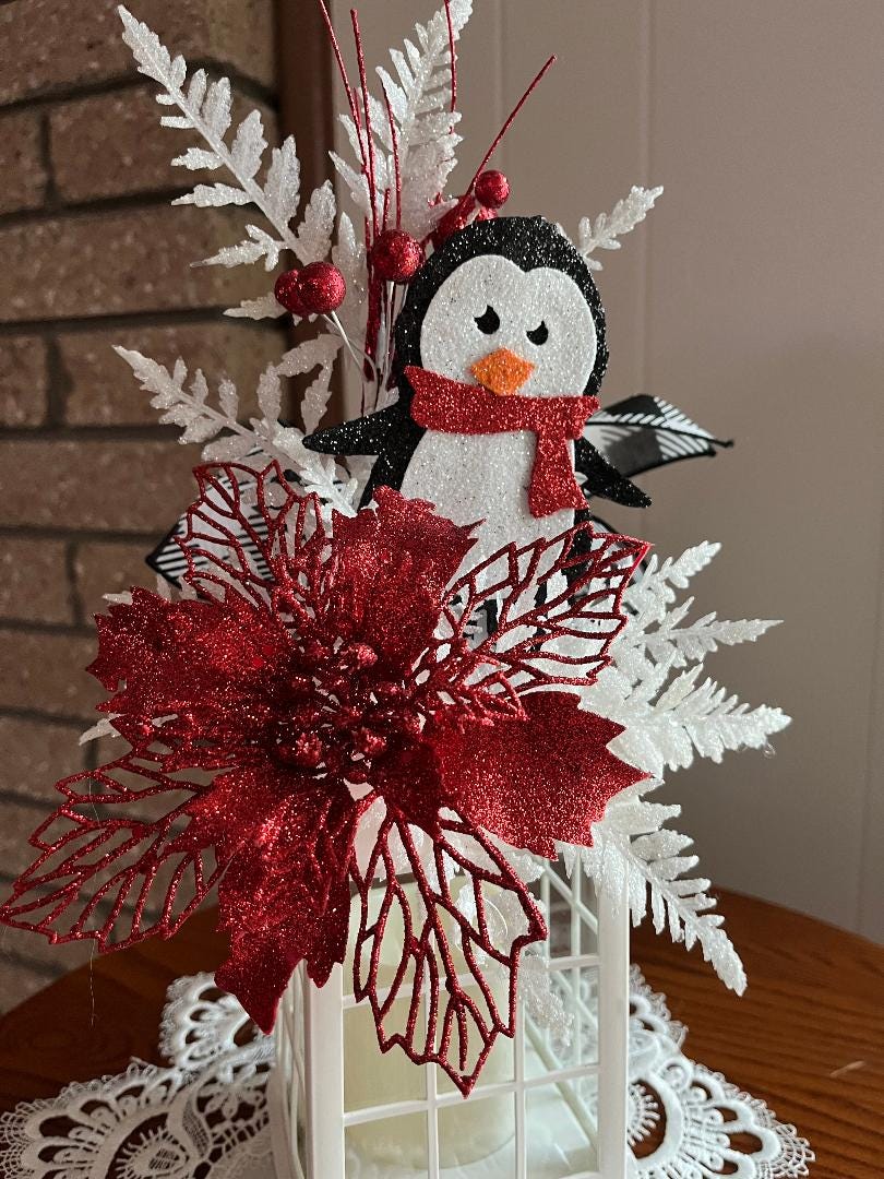 Christmas Lantern: Flickering Candle, Poinsettia Decor, penguin
