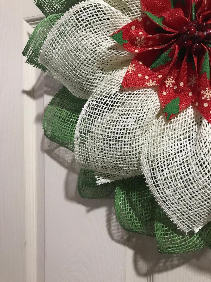 Christmas Poinsettia Wreath: Red, Green, White Poly Burlap