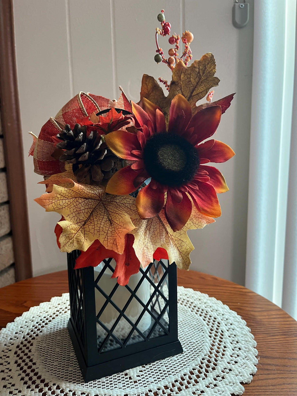 Fall Decorated Lantern: Faux Sunflower, Pine Cone, Flickering Light
