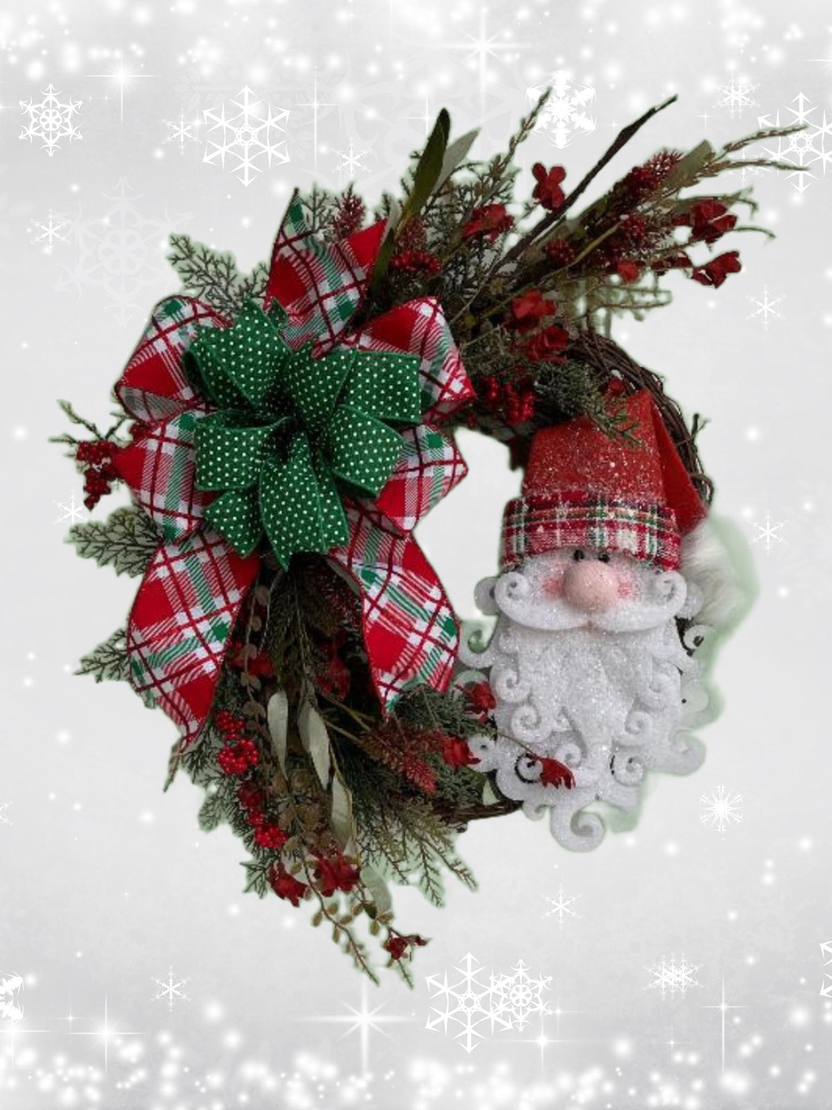 Handmade Santa Face Christmas Door Wreath – Faux Greenery, Holly Berries & Festive Bow