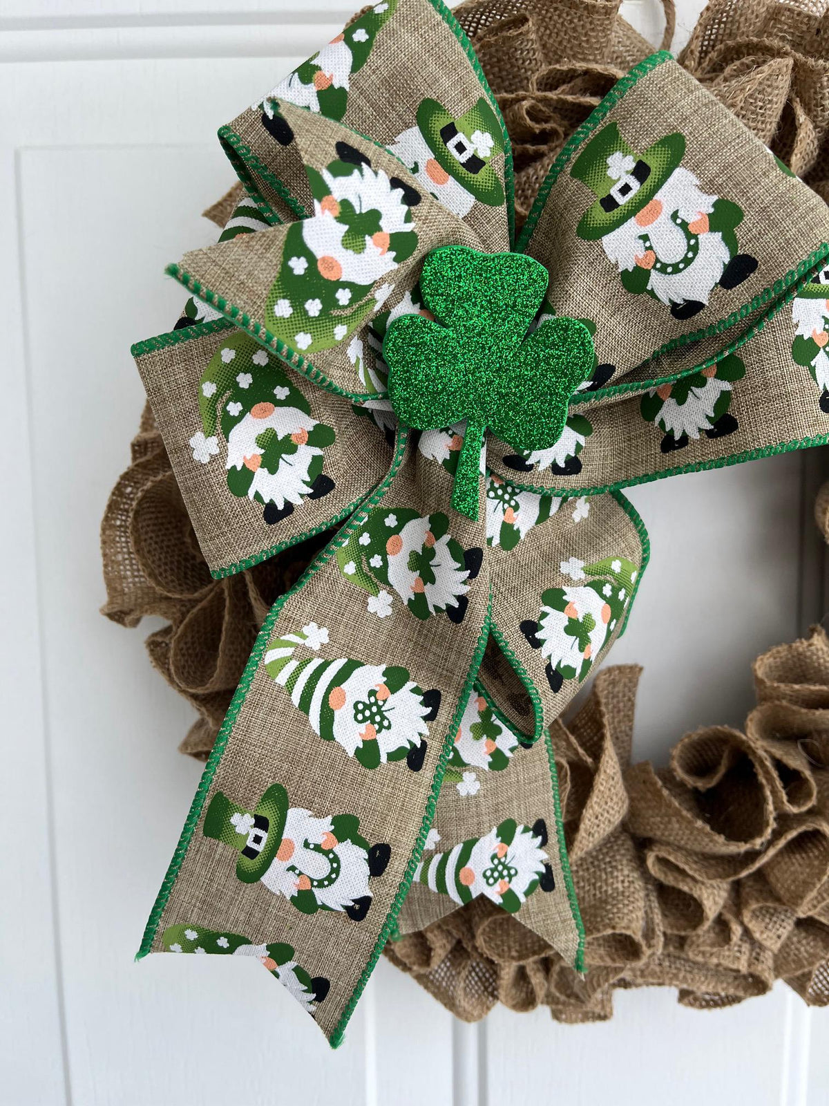 Handmade St. Patrick's Day Burlap Wreath – Natural Jute, Leprechaun Bow & Shamrock Door Décor