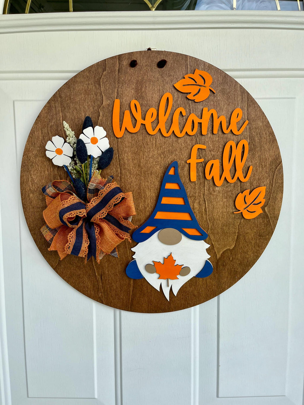 Handmade Welcome Fall Wood Door Hanger – Gnome, Fall Leaves & Flowers, Stained Plywood Sign