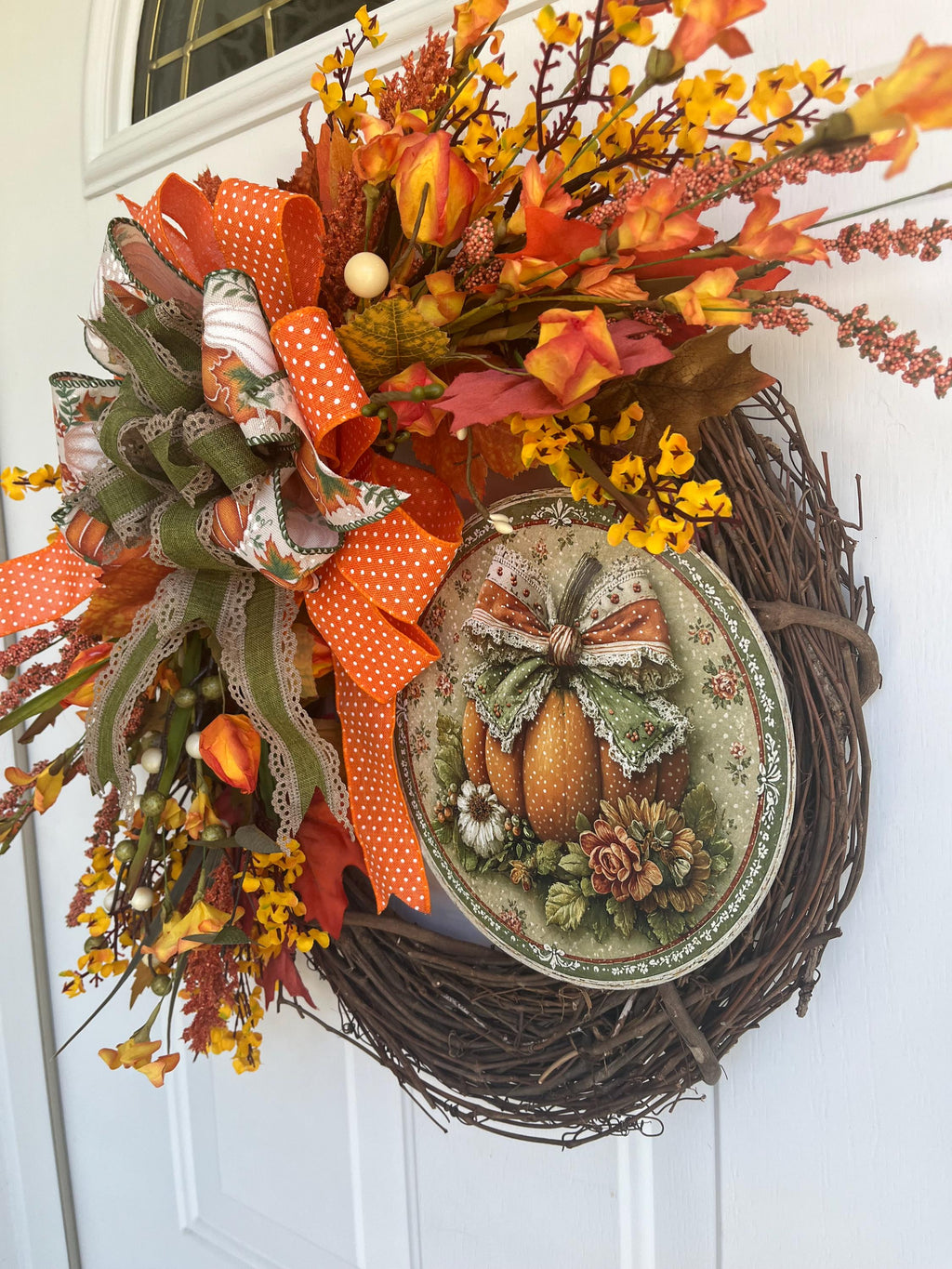 Handmade Fall Grapevine Wreath – 20 Inch Metal Pumpkin Sign, Orange & Rust Flowers, Autumn Front Door Decor