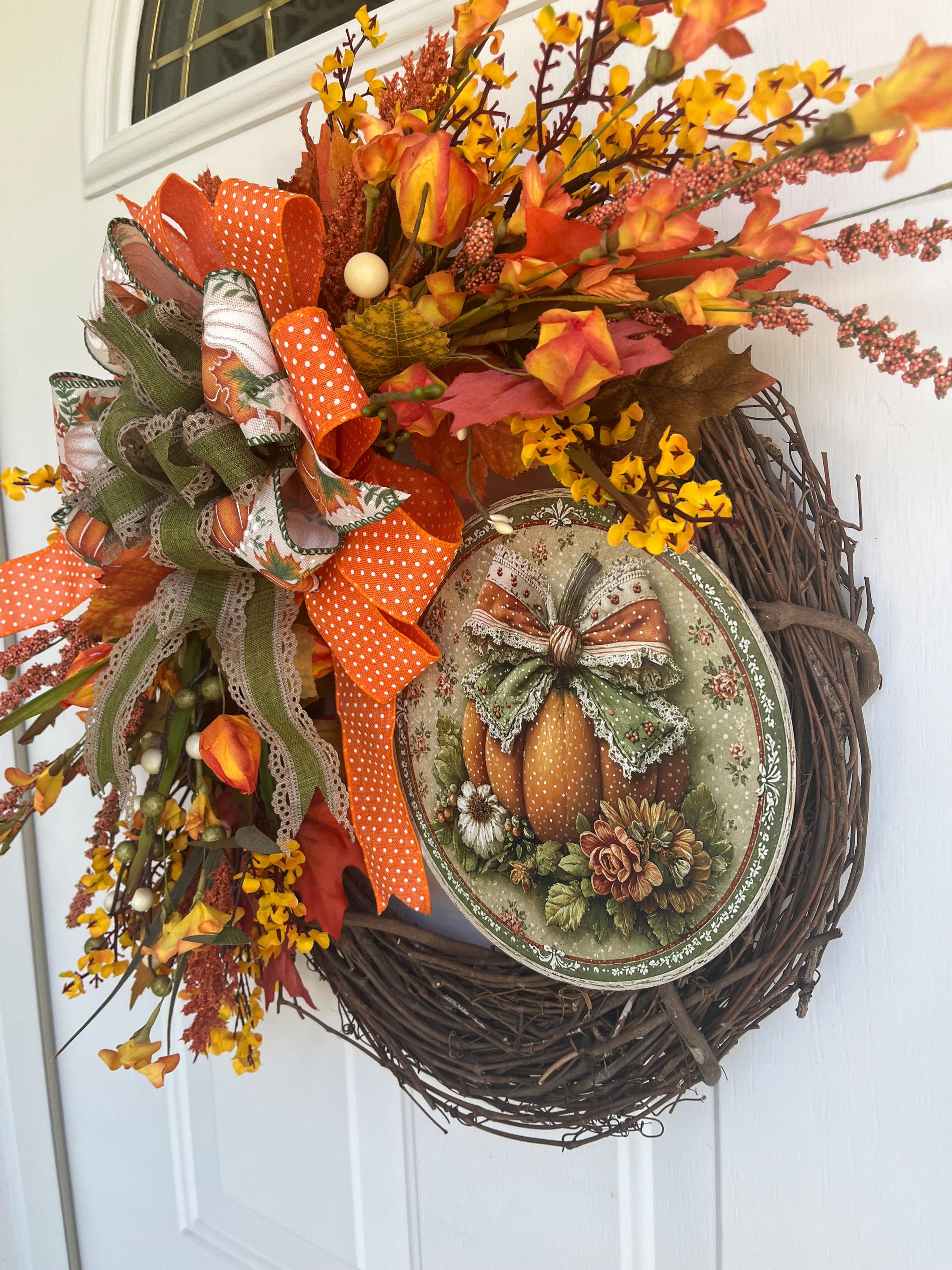 Handmade Fall Grapevine Wreath – 20 Inch Metal Pumpkin Sign, Orange & Rust Flowers, Autumn Front Door Decor