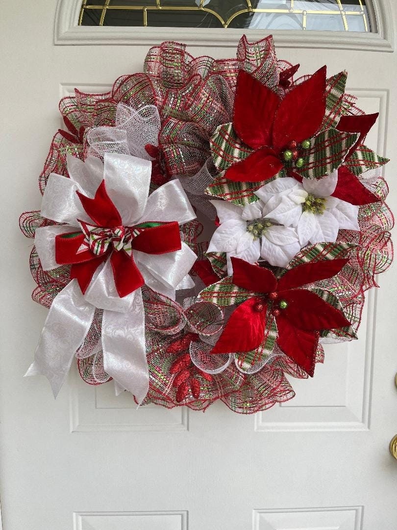 Christmas Poinsettia Wreath – Red, Green & White Mesh Holiday Door Décor