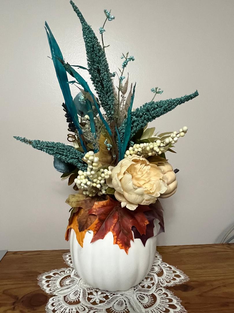 Fall Pumpkin Centerpiece | Turquoise & Beige Faux Floral | Autumn Table Decor