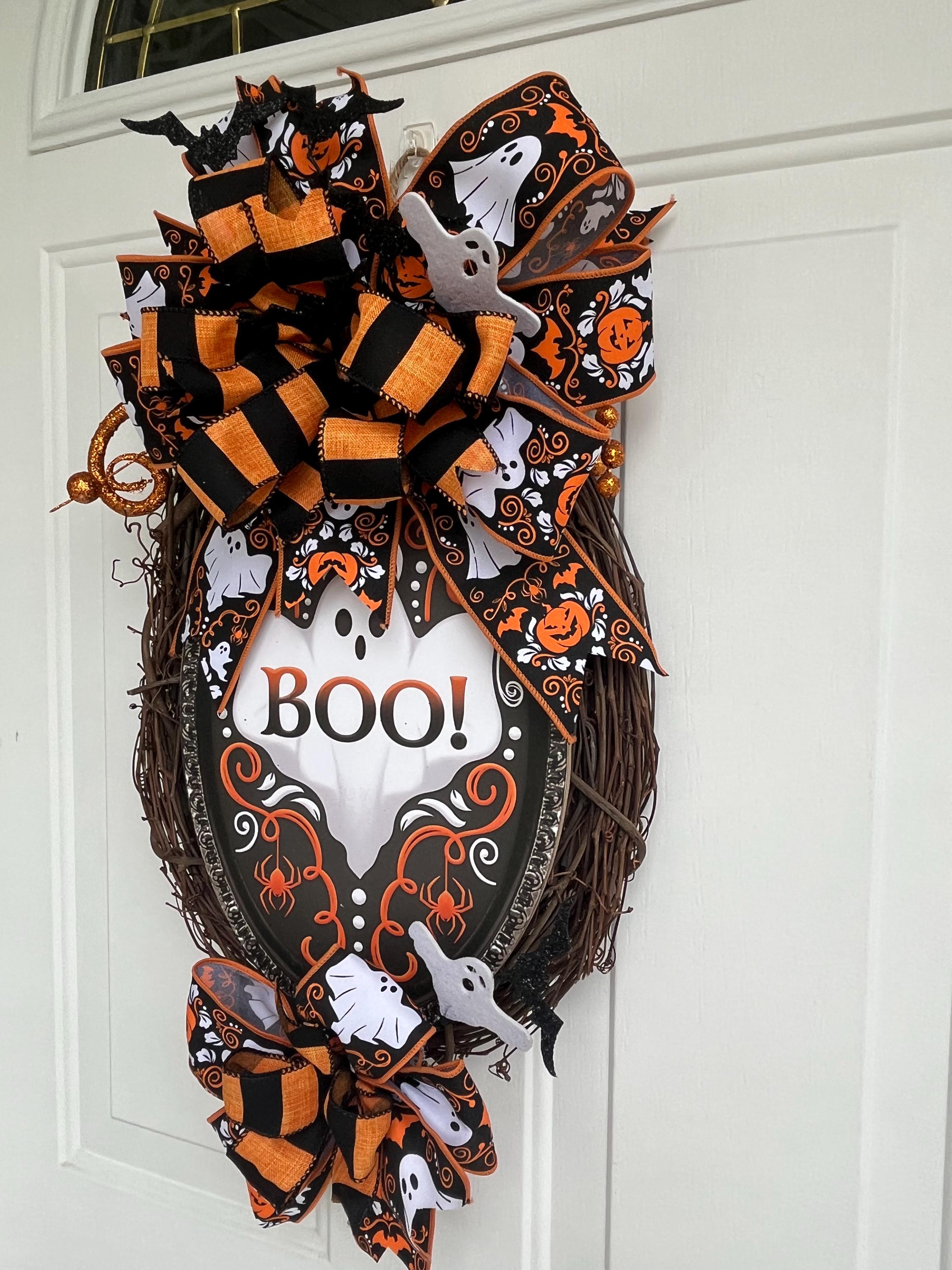 Handmade Halloween Grapevine Wreath – BOO Ghost Sign, Orange & Black Bats, Front Door Decor