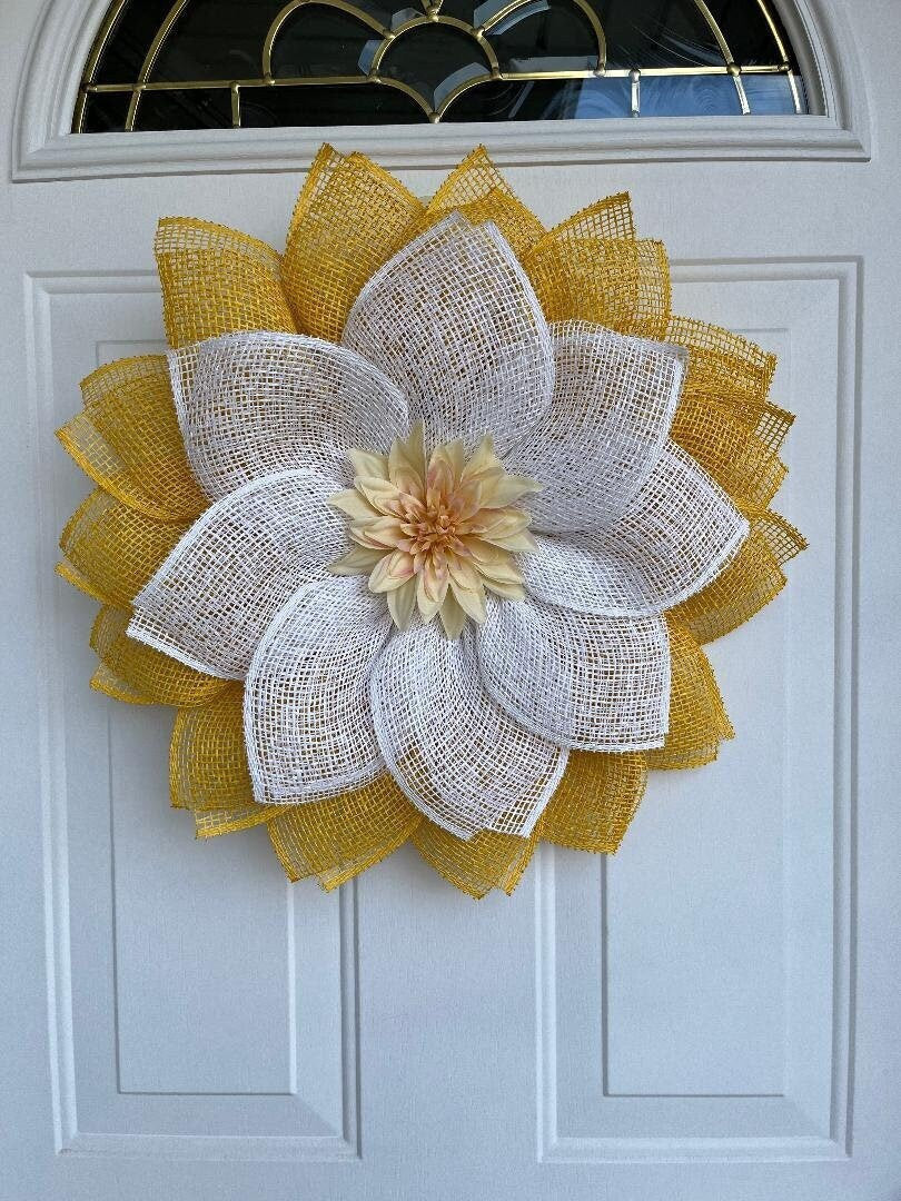 Handmade Yellow Dahlia Burlap Petal Wreath – 20" Spring & Summer Front Door Décor