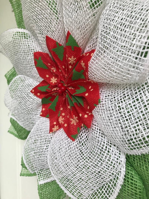 Christmas Poinsettia Wreath: Red, Green, White Poly Burlap