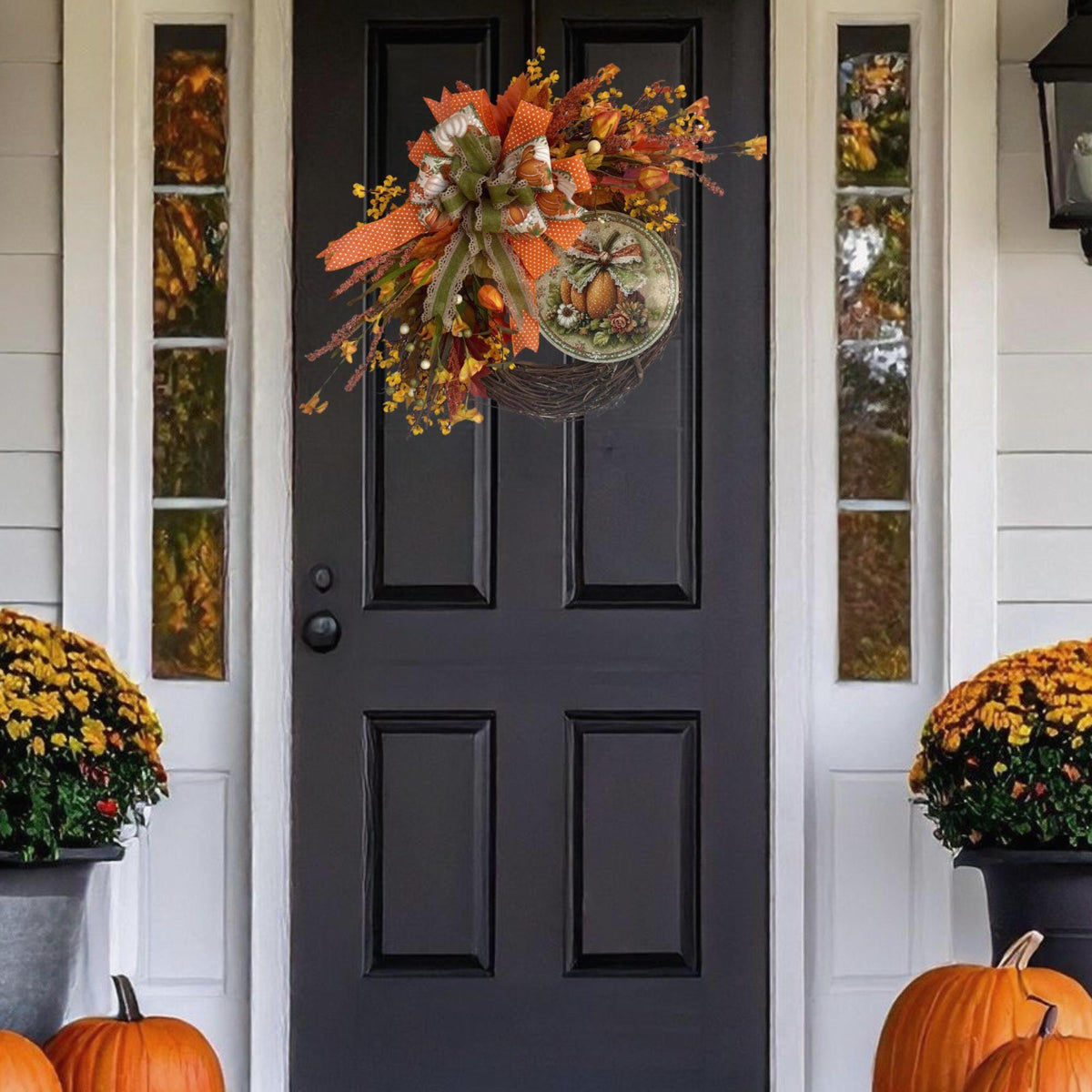 Handmade Fall Grapevine Wreath – 20 Inch Metal Pumpkin Sign, Orange & Rust Flowers, Autumn Front Door Decor