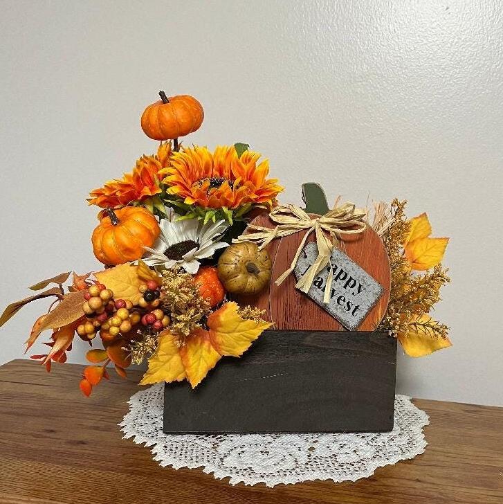 Handmade Fall Floral Centerpiece – Faux Sunflower & Pumpkin Arrangement, Wooden Box, Happy Harvest Thanksgiving Table Decor