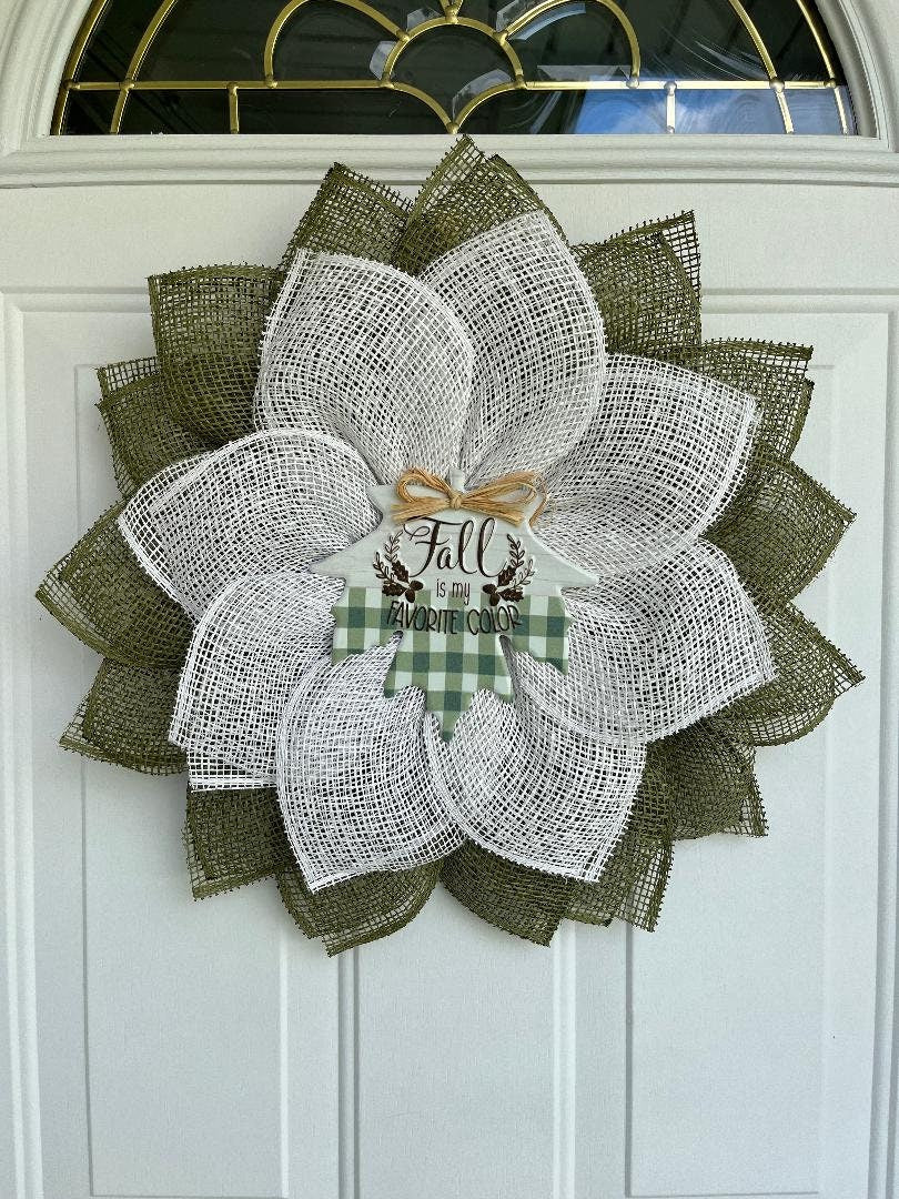 Fall Door Wreath: Olive Green & White Burlap Petals