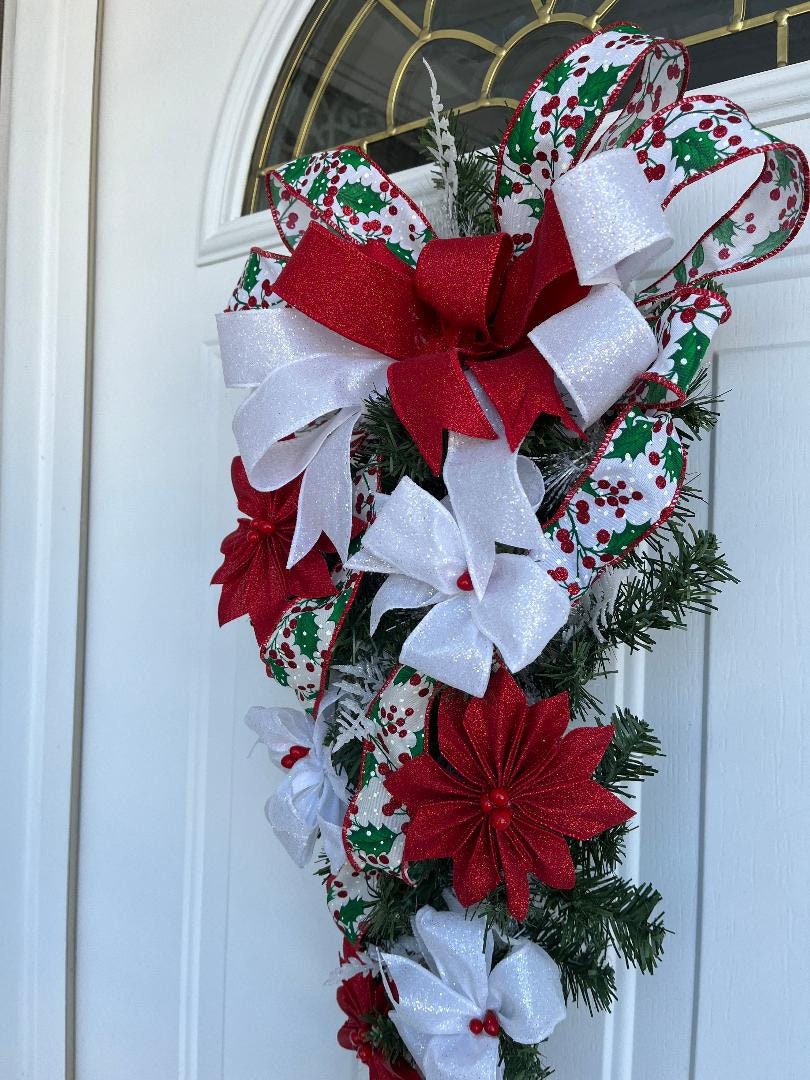 Christmas Door Swag: Red Poinsettia, White Bow Decor