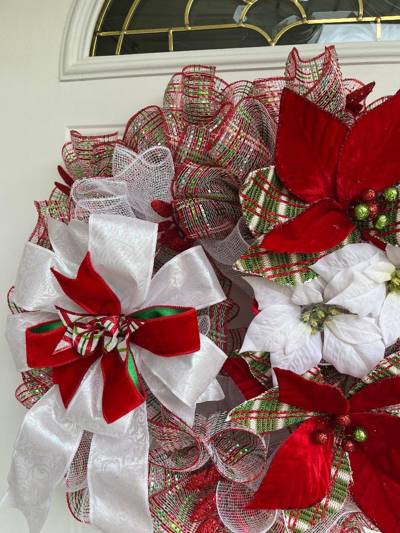 Christmas Poinsettia Wreath – Red, Green & White Mesh Holiday Door Décor