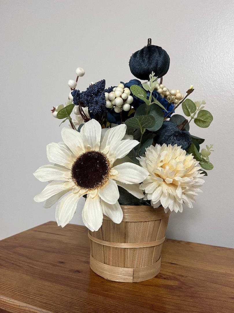 Handmade Fall Floral Centerpiece | Faux Pumpkin & Berry Arrangement, Wicker Basket