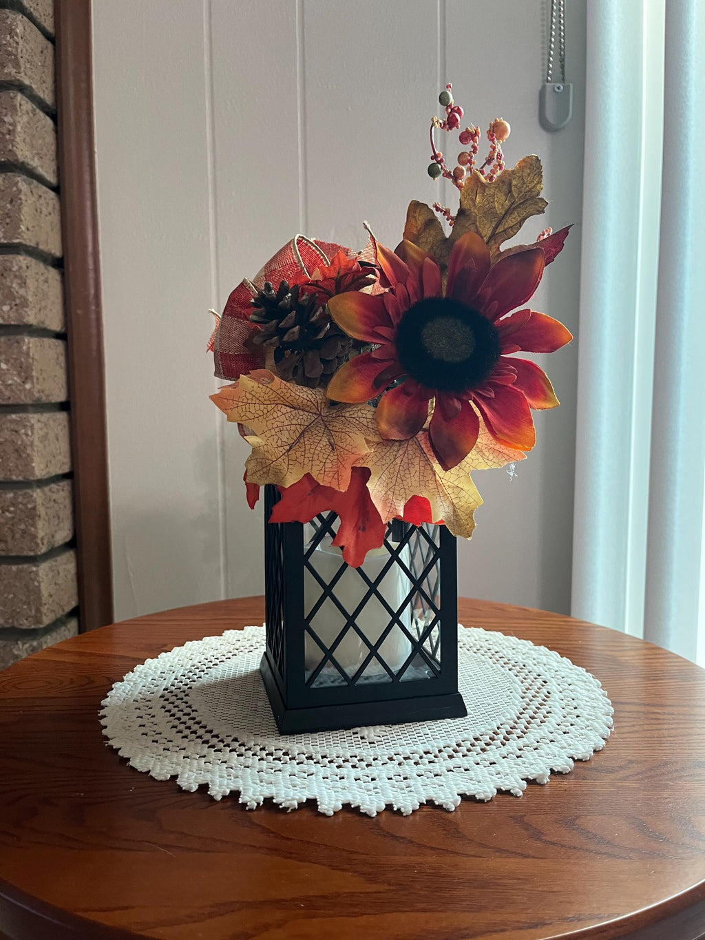 Fall Decorated Lantern: Faux Sunflower, Pine Cone, Flickering Light