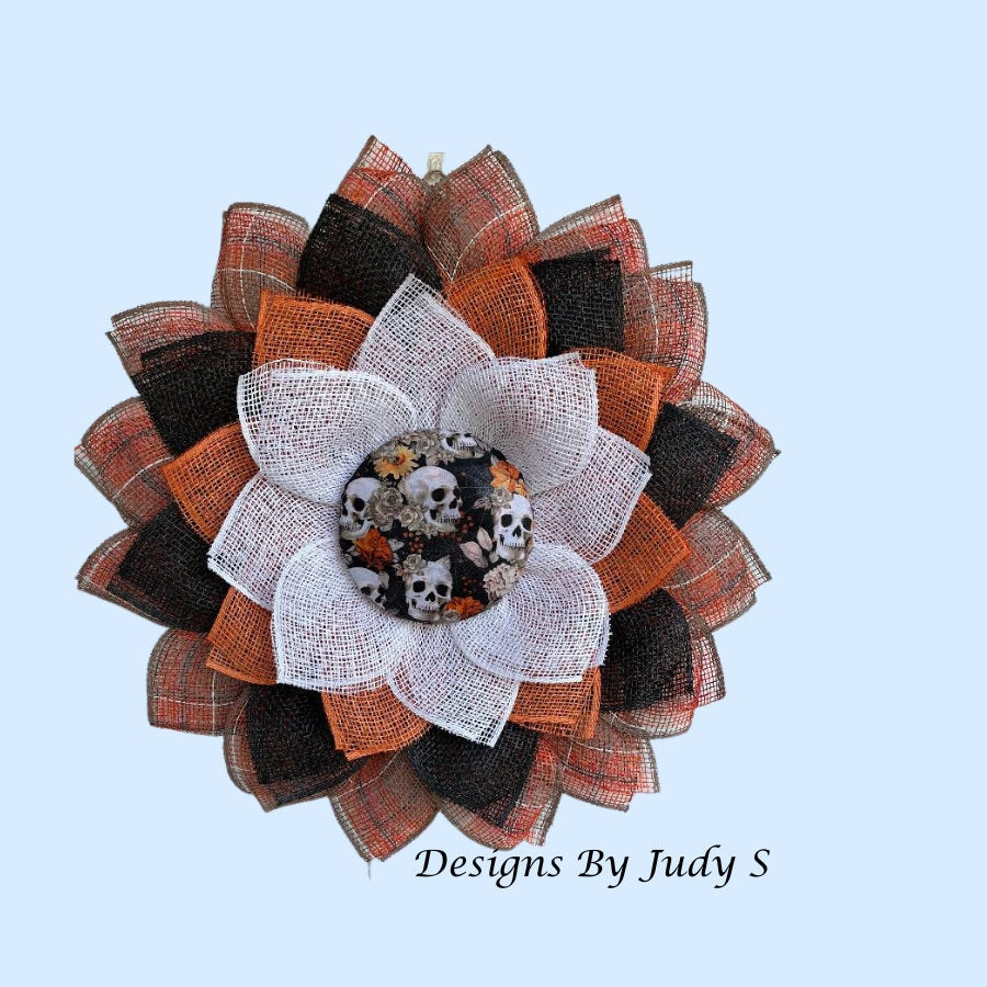 Handmade Large Halloween Door Wreath – Orange & Black Poly Burlap with Skeleton Centerpiece