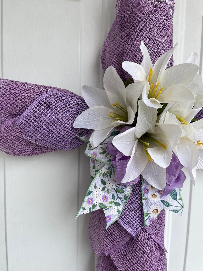 Handmade Easter Cross Wreath – Lavender Burlap, Silk Lilies & Religious Spring Décor