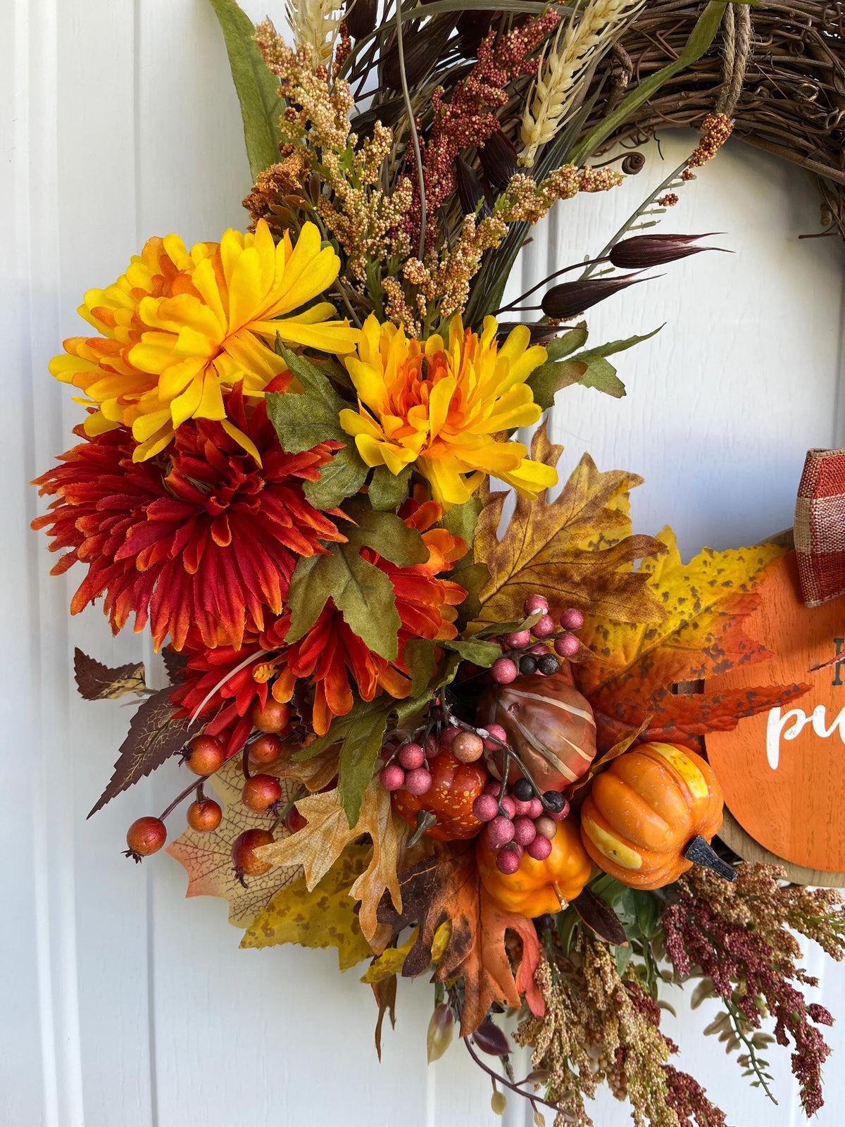Colorful Fall Grapevine Wreath | Pumpkin Sign, Gold & Orange | Autumn Door Decor