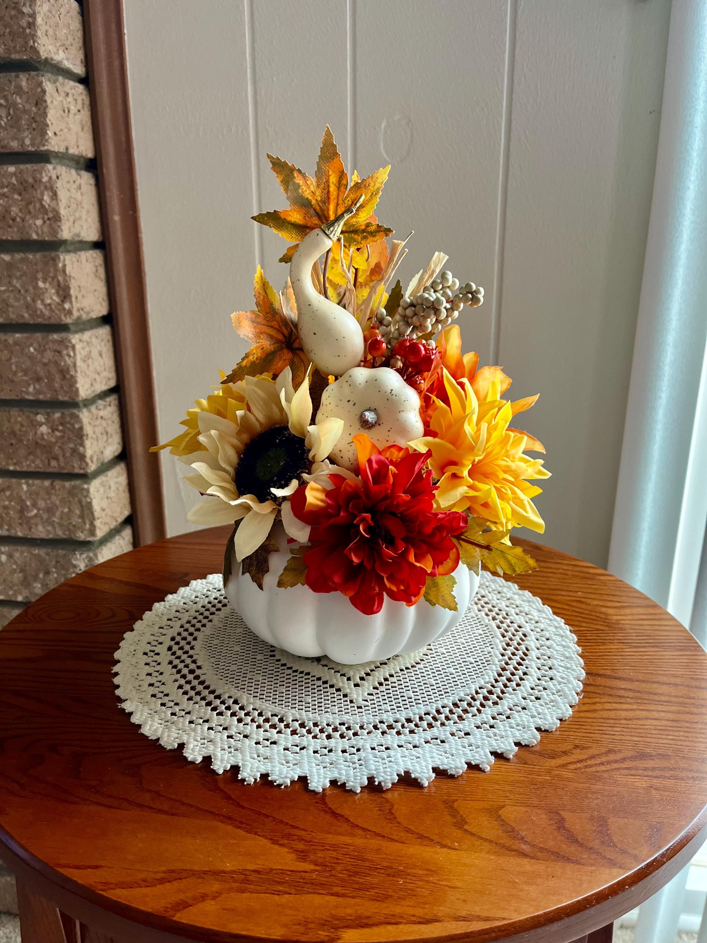 Handmade Fall Floral Centerpiece – Faux Flower & Pumpkin Decor, 28 Inch Orange & Yellow, Autumn Table or Mantel Display