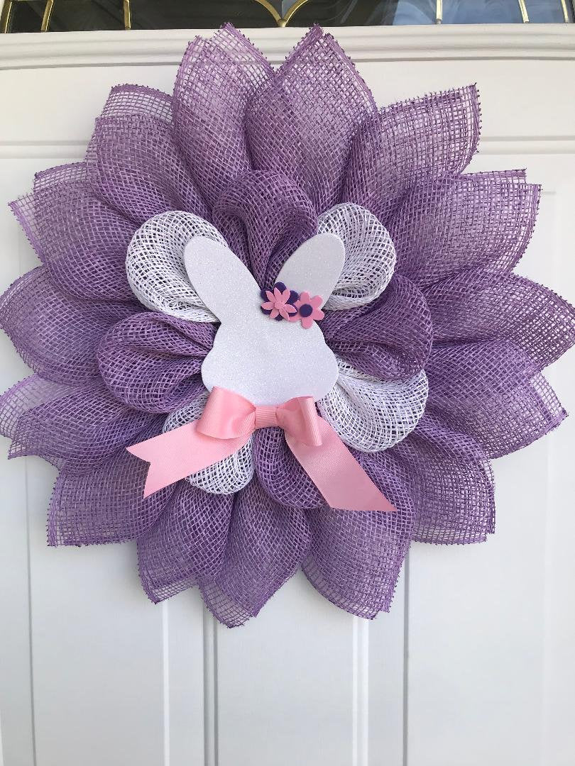 Handmade Easter Bunny Petal Wreath – Mint Green & White Burlap Door Décor