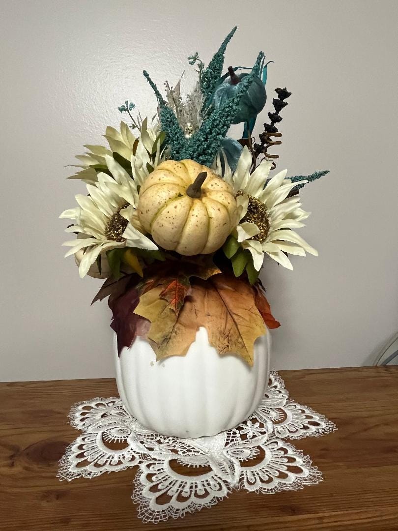 Fall Pumpkin Centerpiece | Turquoise & Beige Faux Floral | Autumn Table Decor