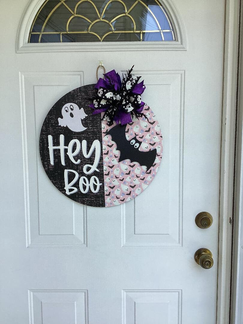 Handmade Halloween Wood Door Hanger – Hey Boo Ghost & Bat Birch Plywood Sign with Bow