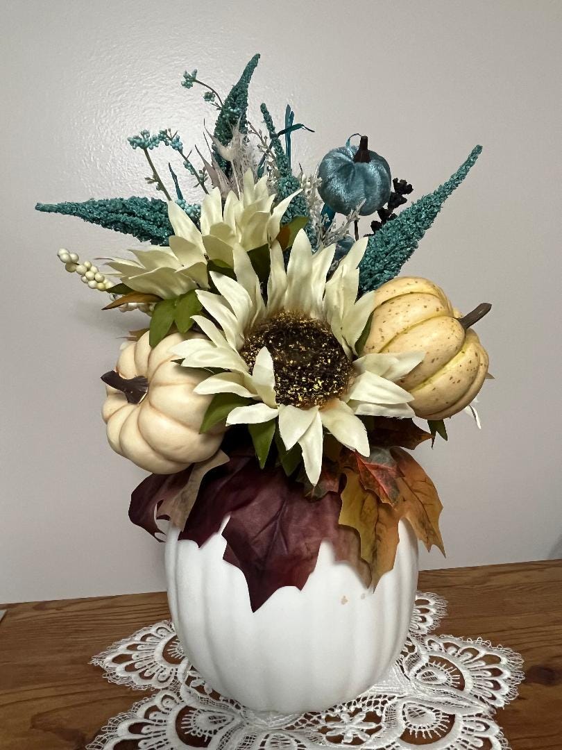 Fall Pumpkin Centerpiece | Turquoise & Beige Faux Floral | Autumn Table Decor