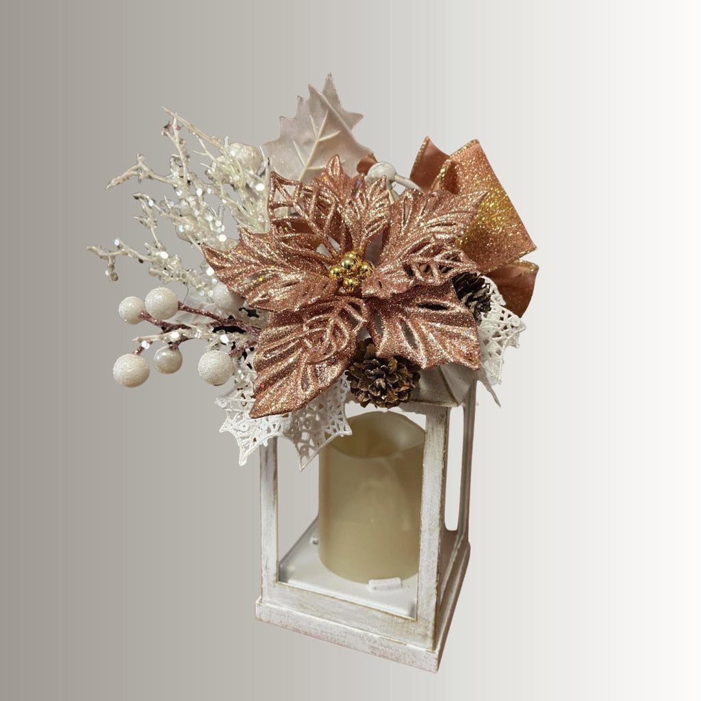 Christmas Decorated Flickering Candle Lantern – Pinkish Gold, White & Blush Holiday Décor