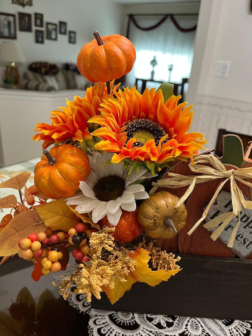 Handmade Fall Floral Centerpiece – Faux Sunflower & Pumpkin Arrangement, Wooden Box, Happy Harvest Thanksgiving Table Decor