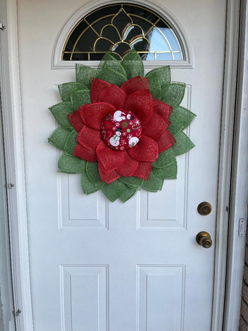 Large petal Christmas door wreath,  snowman decor, red and green