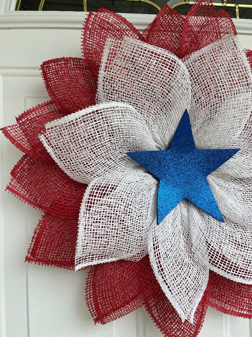 Patriotic Burlap Wreath: Red, White & Blue Star - 20 Inch