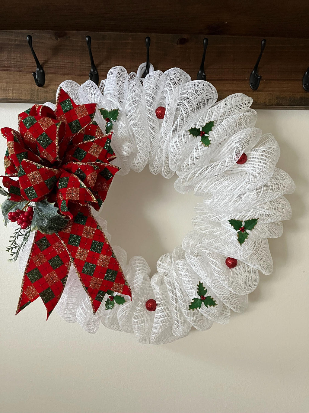 Christmas Wreath – Red & Green Christmas Bow with Holly Berries