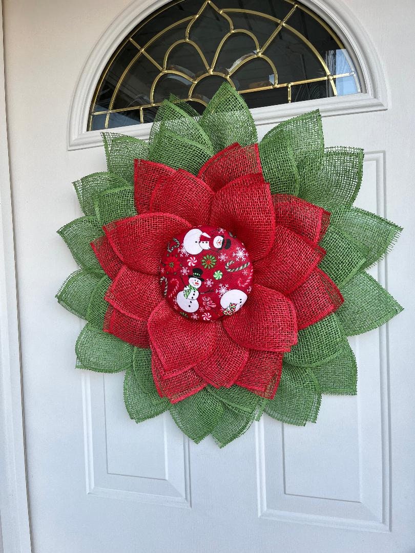 Large petal Christmas door wreath,  snowman decor, red and green