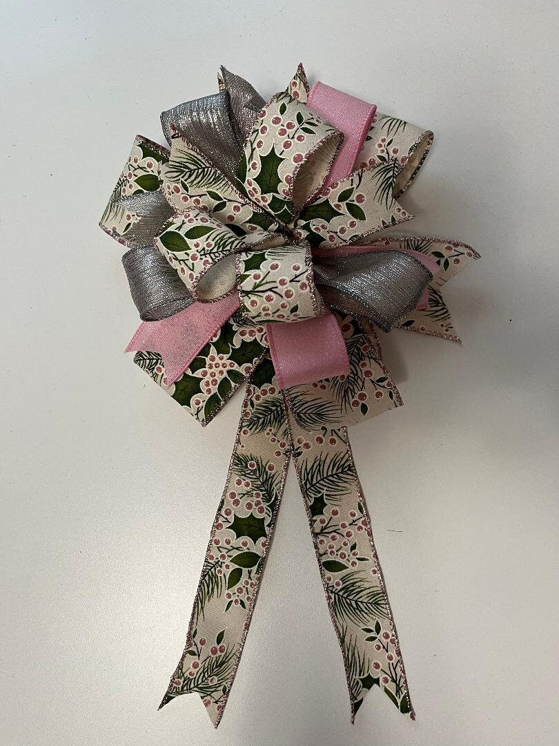 Handmade Pink & Silver Christmas Bow – Wreath, Lantern Topper & Gift Decoration