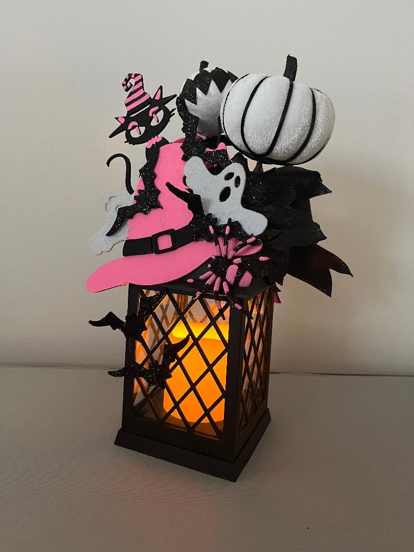 Decorated Halloween Lantern: Pink Witch Hat, Cat & Flameless Candle