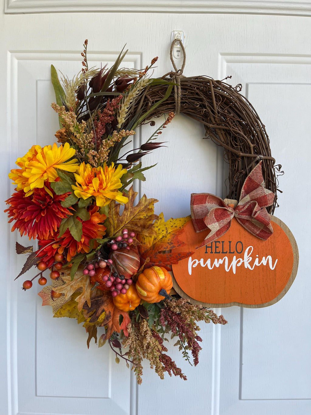 Colorful Fall Grapevine Wreath | Pumpkin Sign, Gold & Orange | Autumn Door Decor