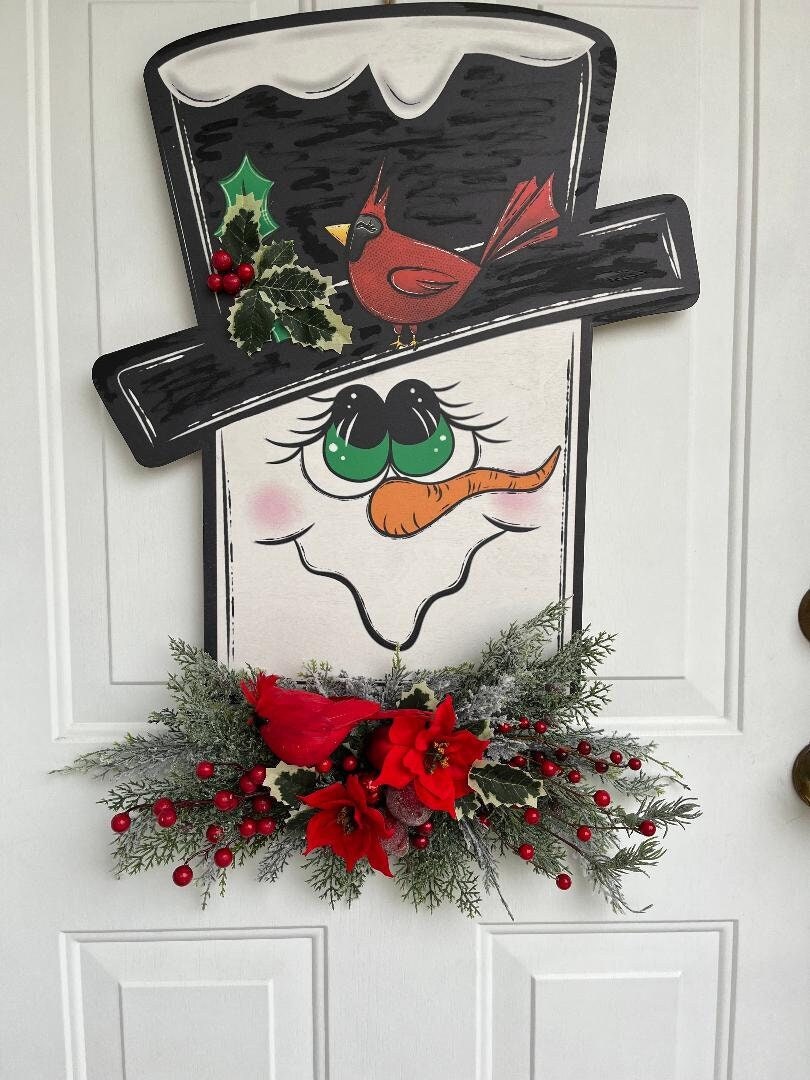 Snowman Christmas Door Sign: Holiday Cardinal Winter Decor