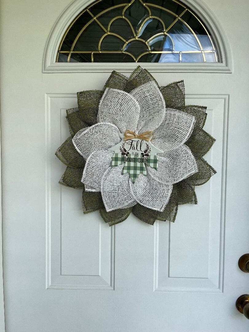 Fall Door Wreath: Olive Green & White Burlap Petals