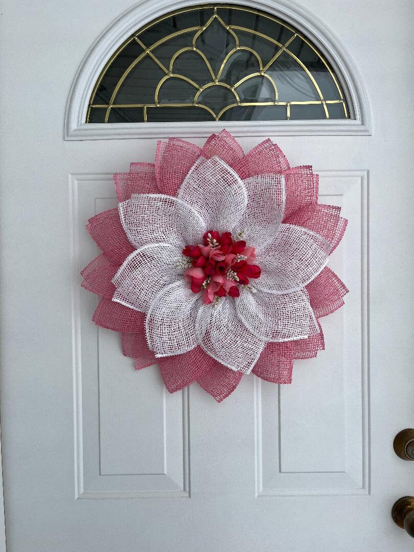 Spring Wreath – Pink Tulip Poly Burlap Petal Door Decor